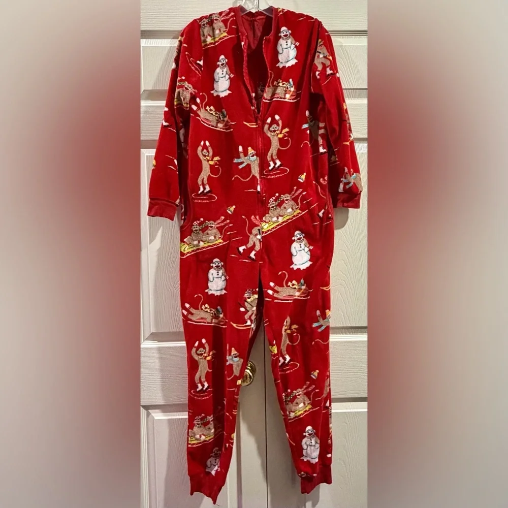 Nick & Nora Vtg Sock Monkey Pjs skate Red pajamas sleeper one piece Size Small - Picture 1 of 4